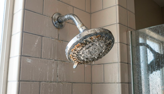 Showerhead crusted with white mineral scale from Mesa hard water, nozzles blocked and corroded