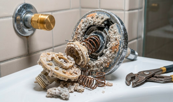 Shower valve stripped down showing heavy calcium scale and corroded springs caused by Mesa hard water