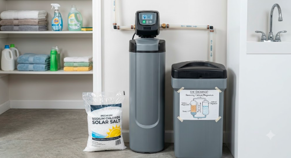 Whole home water softener and brine tank installed in a Mesa laundry room to treat hard water