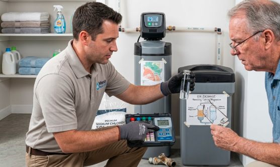 Plumber testing Mesa hard water hardness beside a whole home softener while the homeowner watches
